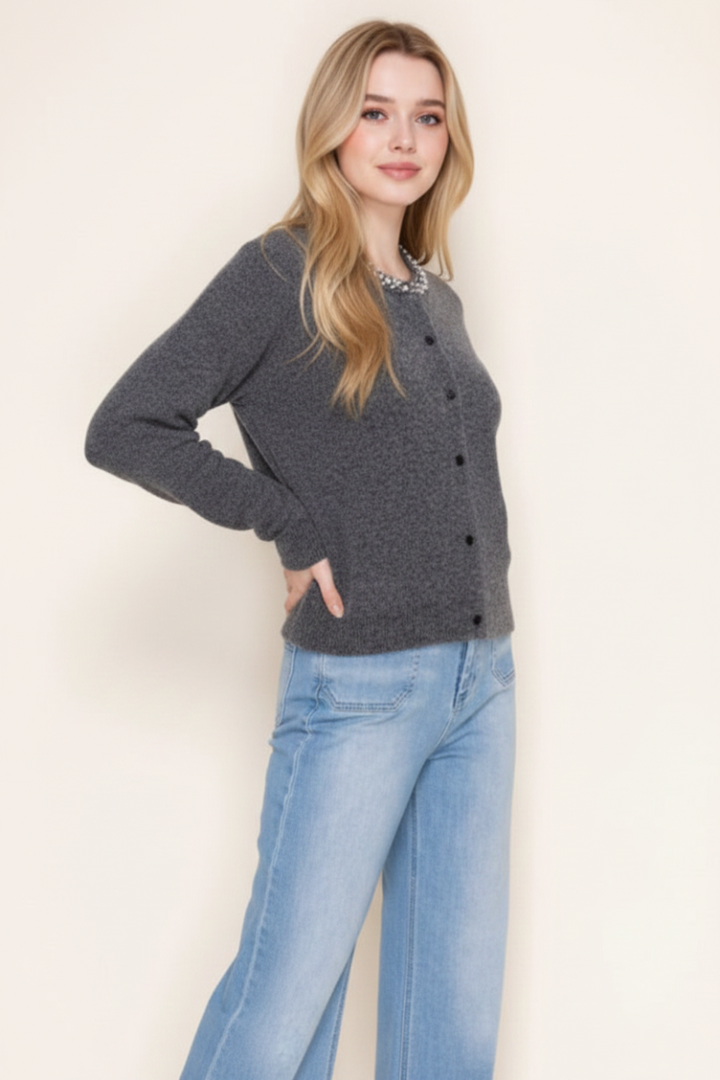 BUTTON DOWN FRONT FEATURING JEWEL NECKLINE TOP-WBT10953XL