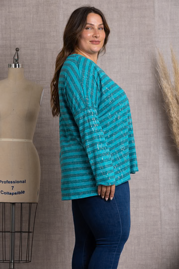 WOODLAWN BROWN STRIPPED & SPARKLED ALL OVER PLUS SIZE TOP-B5570X