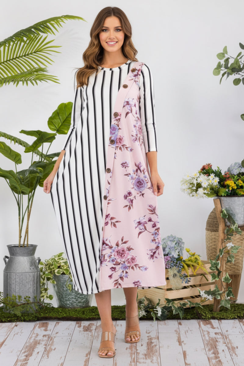 PLUS SIZE STRIPE FLORAL CONTRAST MIDI-DRESS-CLCD43837D