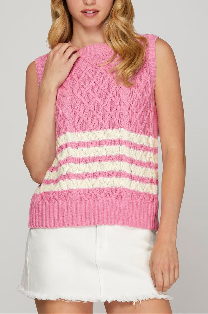 SLEEVELESS STRIPED CABLE KNIT SWEATER VEST-SKSY8127