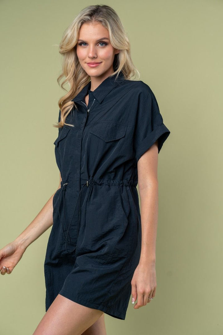 SHORT SLEEVE SOLID WOVEN ROMPER