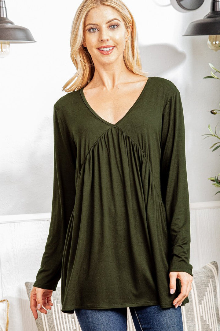 LONG SLEEVE V NECK SOLID TOP WITH SHIRRING DETAIL