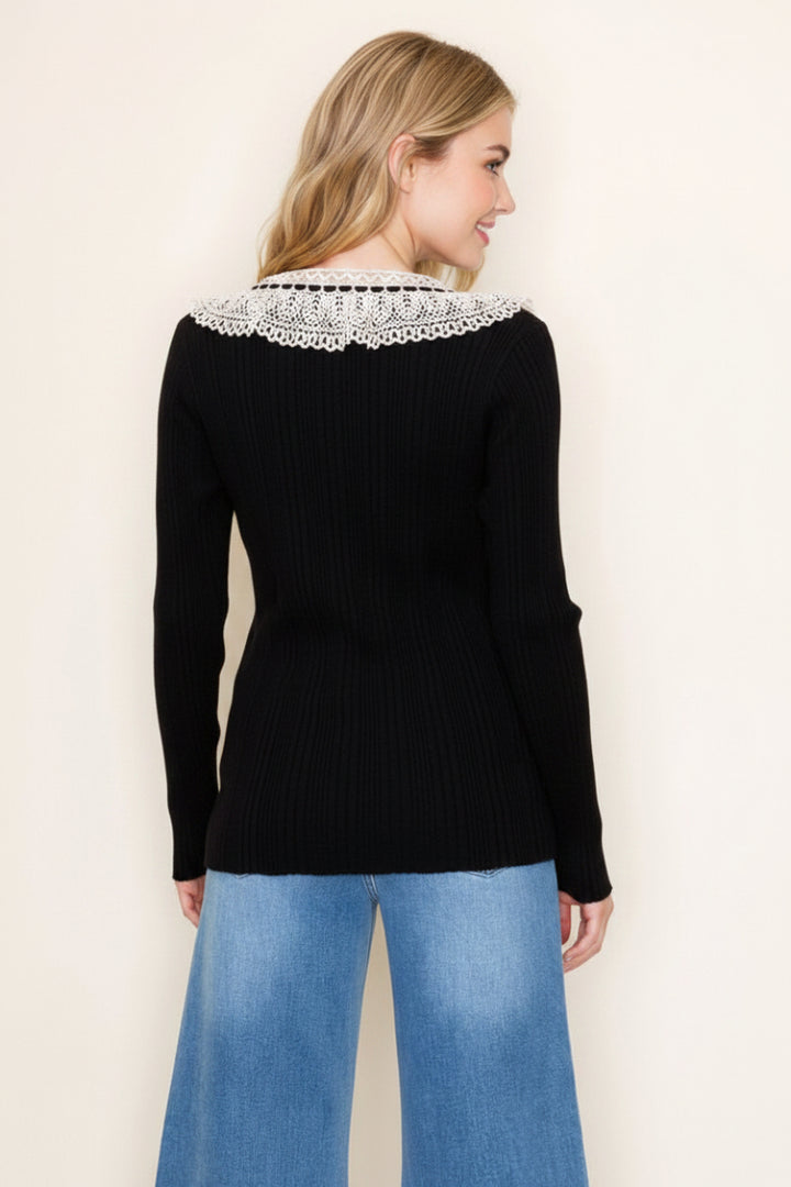BLACK LONG SLEEVE LACE YOKE DETAIL TOP WBT10999XL