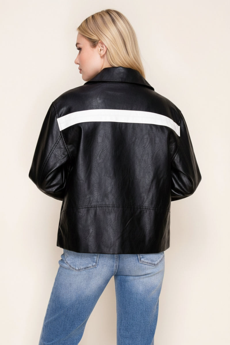 BLACK PU LEATHER JACKET WHIT FRONT ZIP-UP-WBT11052XL