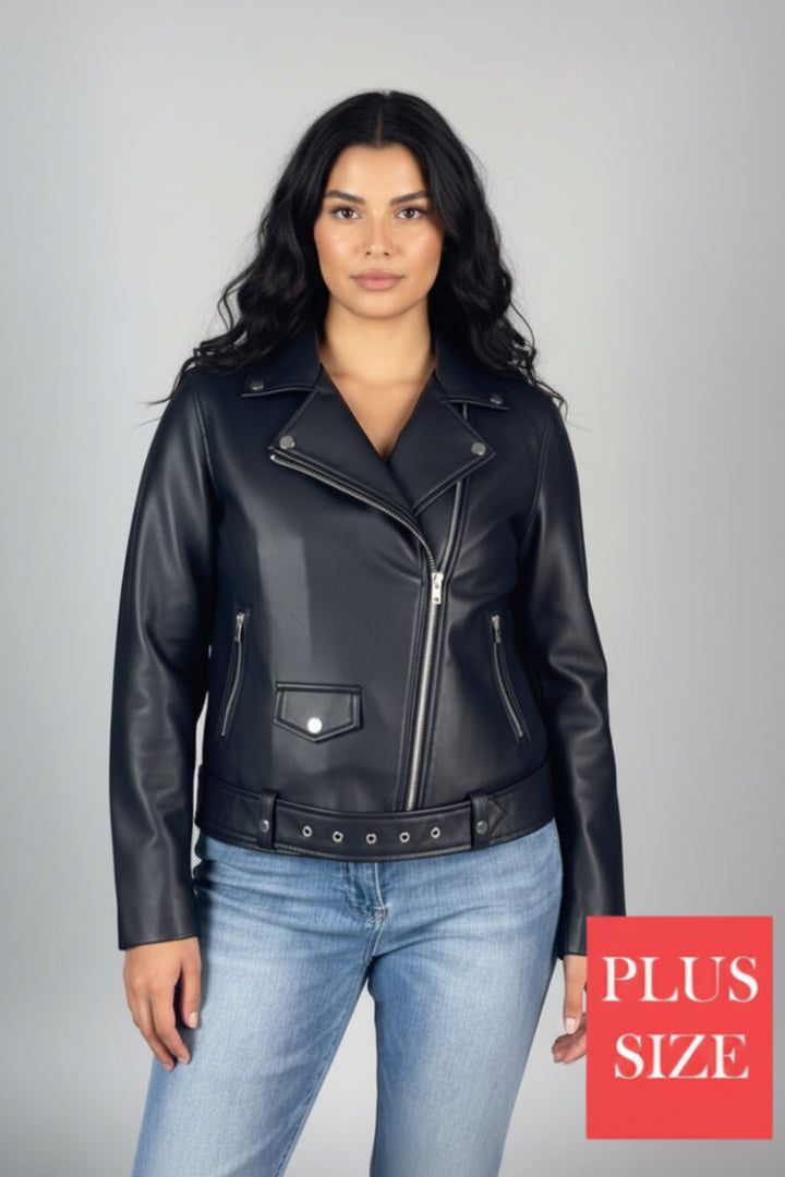 PLUS SIZE BLACK ZIPPERED FAUX LEATHER JACKET