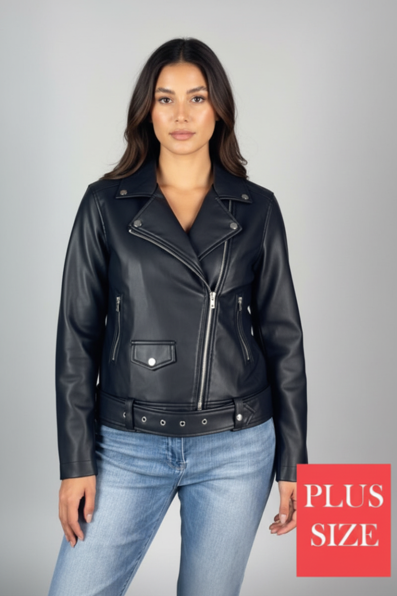 PLUS SIZE BLACK ZIPPERED FAUX LEATHER JACKET