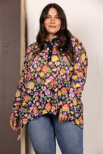 BROWN MANDARIN COLLAR FLORAL PRINT PLUS SIZE TOP T7538