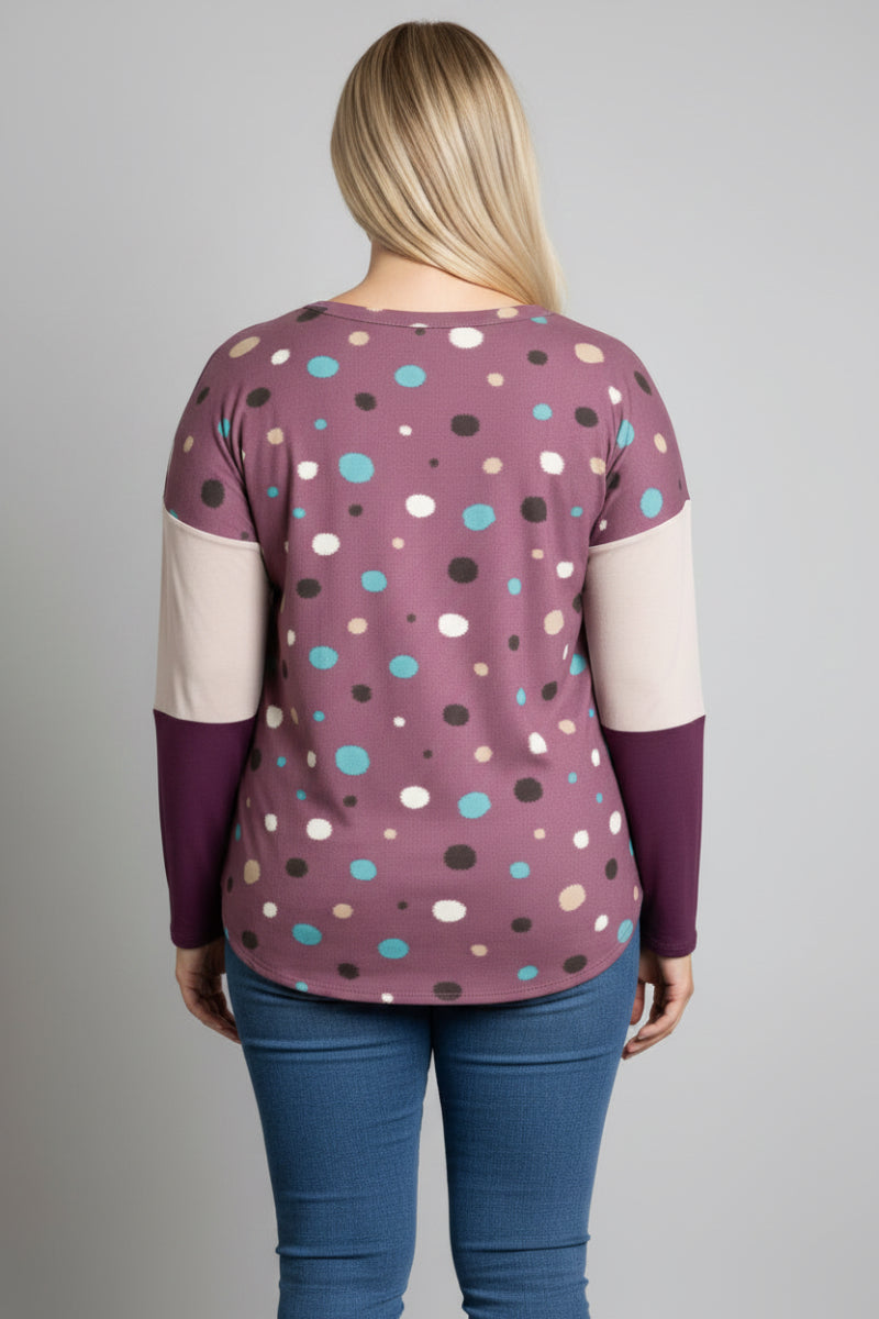 POLKADOT COLOR BLOCK BUTTON DOWN PLUS SIZE SWEATER-CT43590DX-