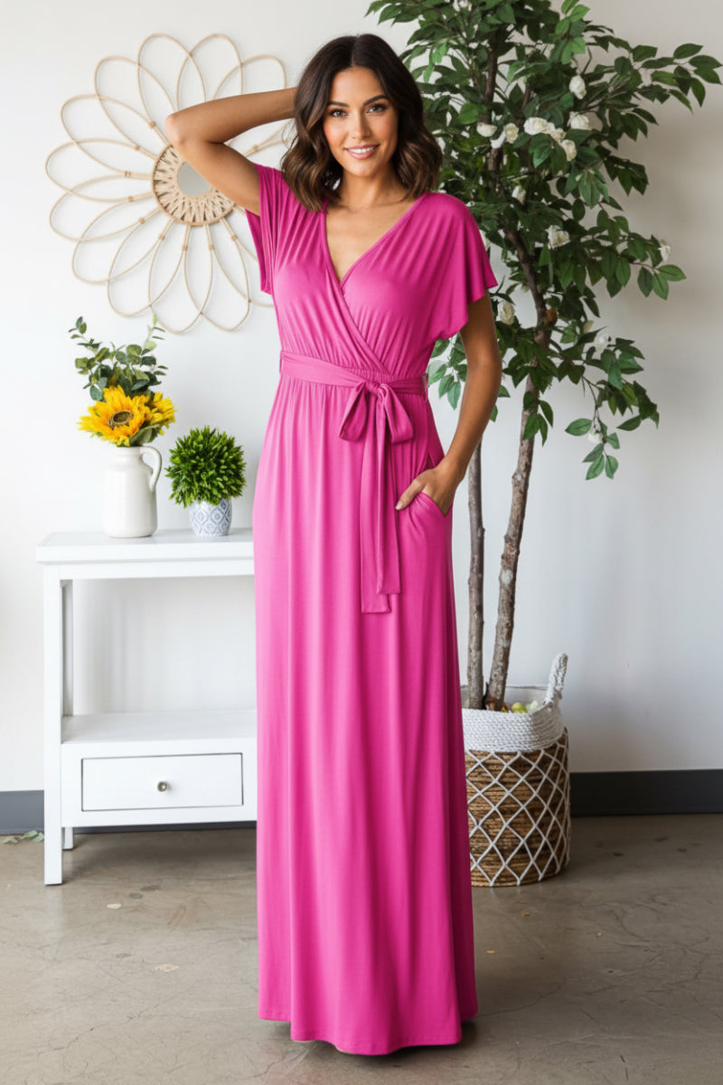 SHORT SLEEVE V NECK SOLID MAXI WRAP DRESS HMED6724S