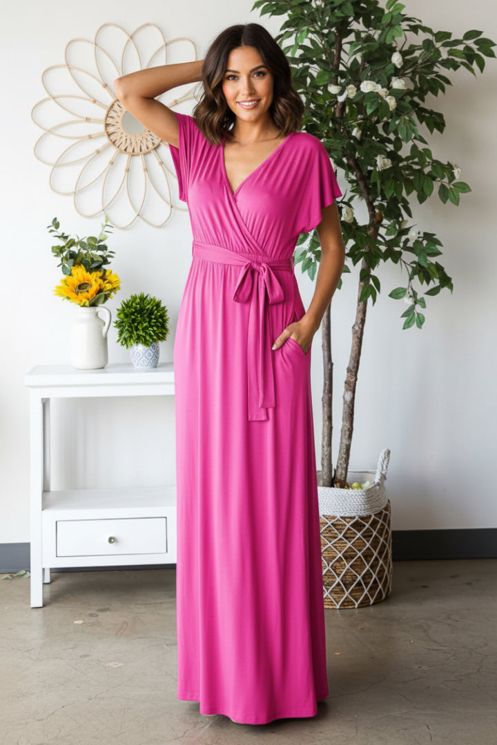 SHORT SLEEVE V NECK SOLID MAXI WRAP DRESS HMED6724S