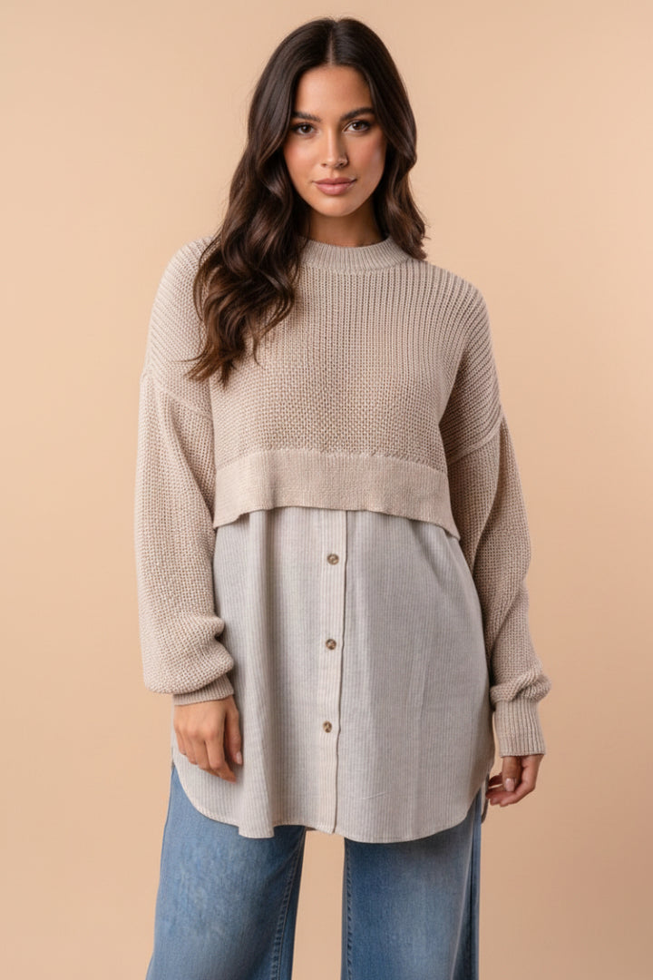 LONG SLEEVE HALF SWEATER HALF BUTTON DOWN TOP-WB10522XL