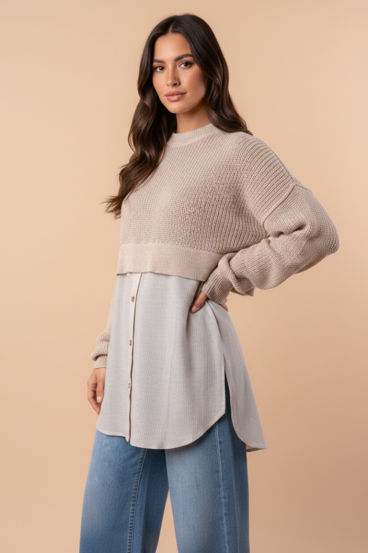 LONG SLEEVE HALF SWEATER HALF BUTTON DOWN TOP-WB10522XL