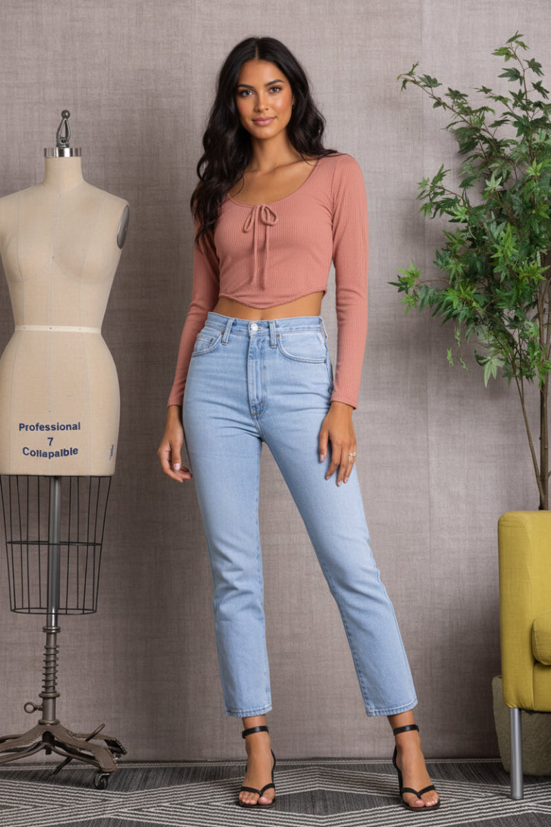 SPRUCE  RIBBED LONG SLEEVES V-CUT HEMLINE  CROP TOP-L7328