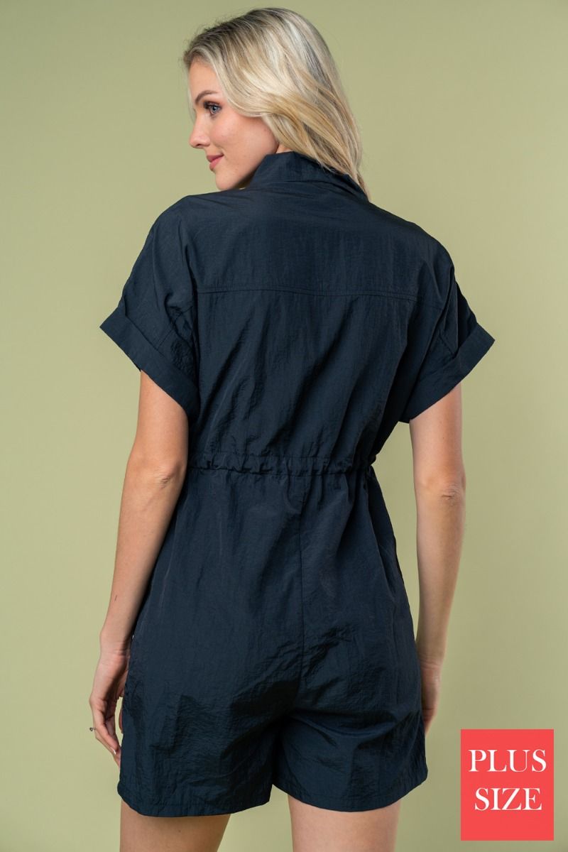 PLUS SIZE SHORT SLEEVE SOLID WOVEN ROMPER