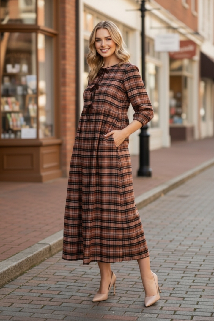 ELEGANT PLAID MIDI DRESS FEATURING A FLATTERING EMPIRE SHVL5954-5
