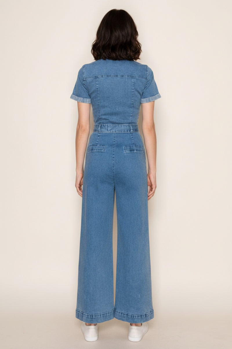 SHORT SLEEVE SOLID DENIM JUMPSUIT