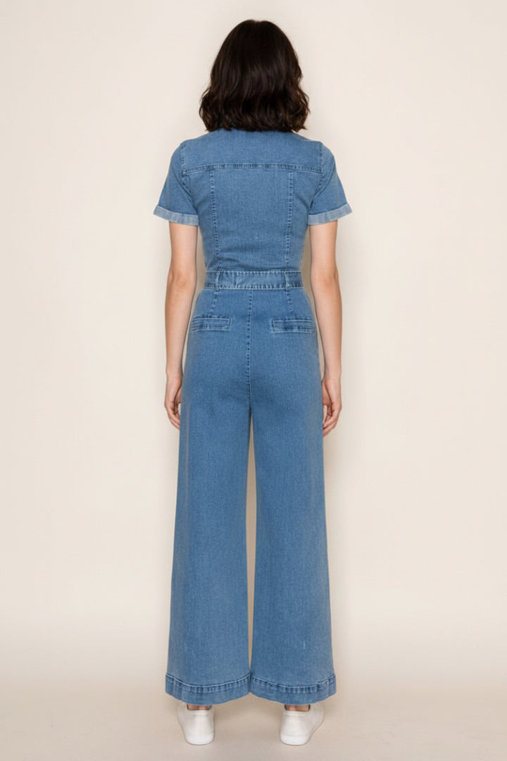 SHORT SLEEVE SOLID DENIM JUMPSUIT