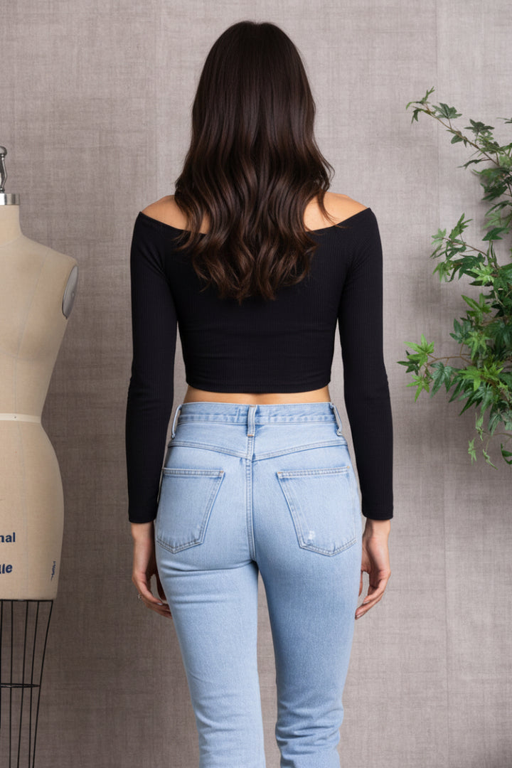 SPRUCE  RIBBED LONG SLEEVES V-CUT HEMLINE  CROP TOP-L7328