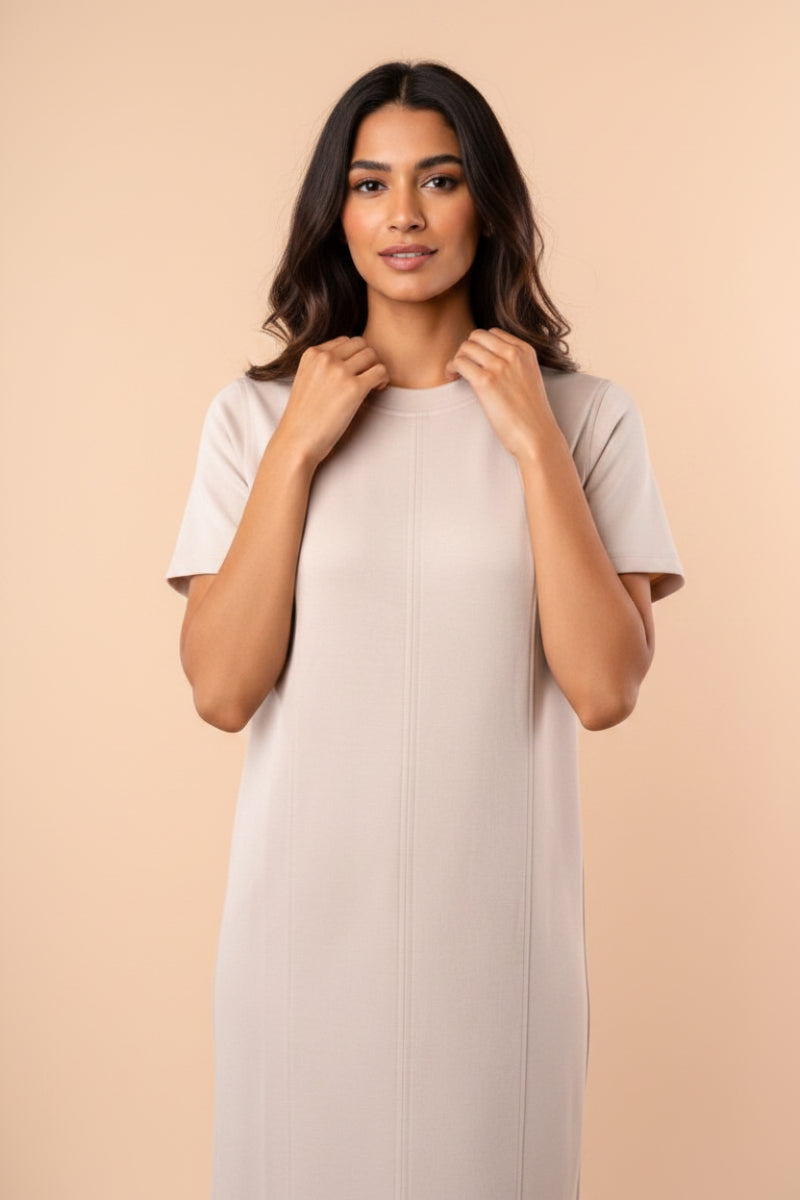 SHORT SLEEVE SOLID KNIT MIDI DRESS