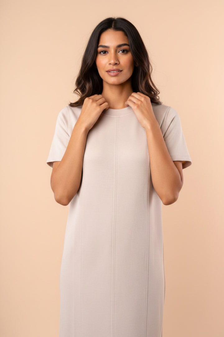 SHORT SLEEVE SOLID KNIT MIDI DRESS