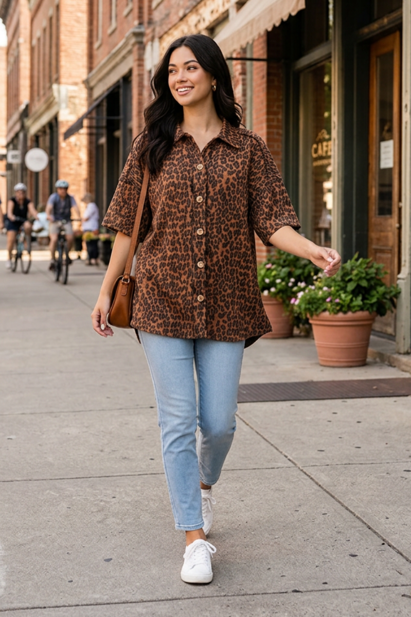 LEOPARD PRINT BUTTON DOWN TEXTURED COLLARED TOP HMET8040-11