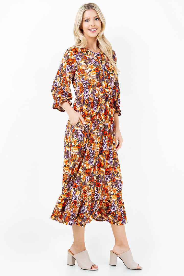 BUTTON DOWN FLARE MIDI DRESS W/ SIDE POCKTE