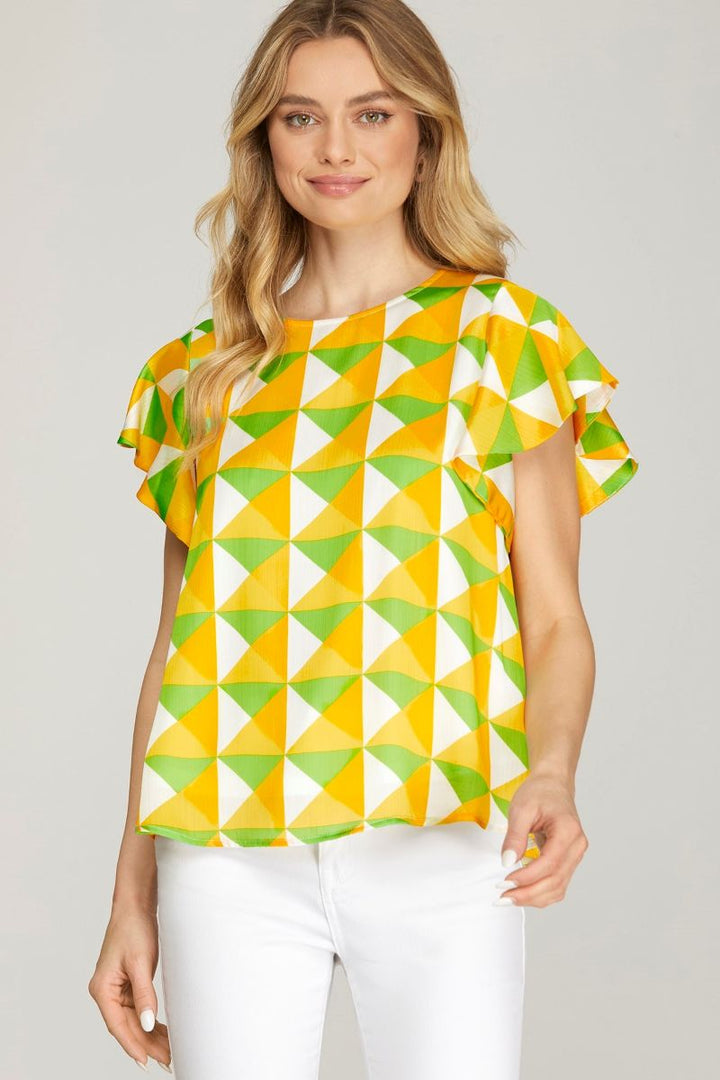 CORAL FLUTTER SLEEVE WOVEN TOP SKSY6860