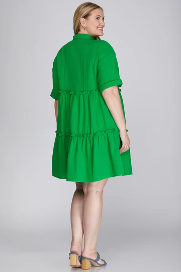 COLLARED TIERED GAUZE BUTTON DOWN WOVEN PLUS SIZE MINI DRESS SKPSY6243