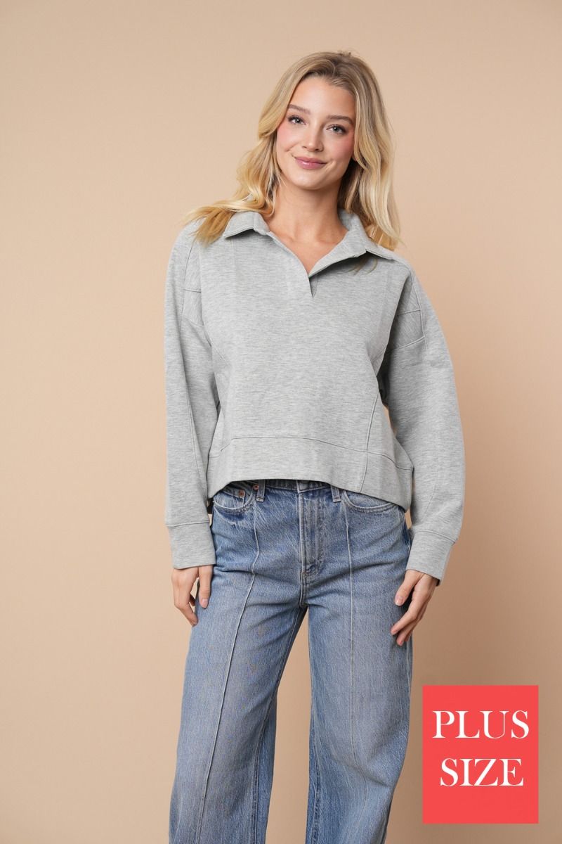 LONG SLEEVE PLUS SIZE SOLID KNIT COLLAR FEATURING TOP