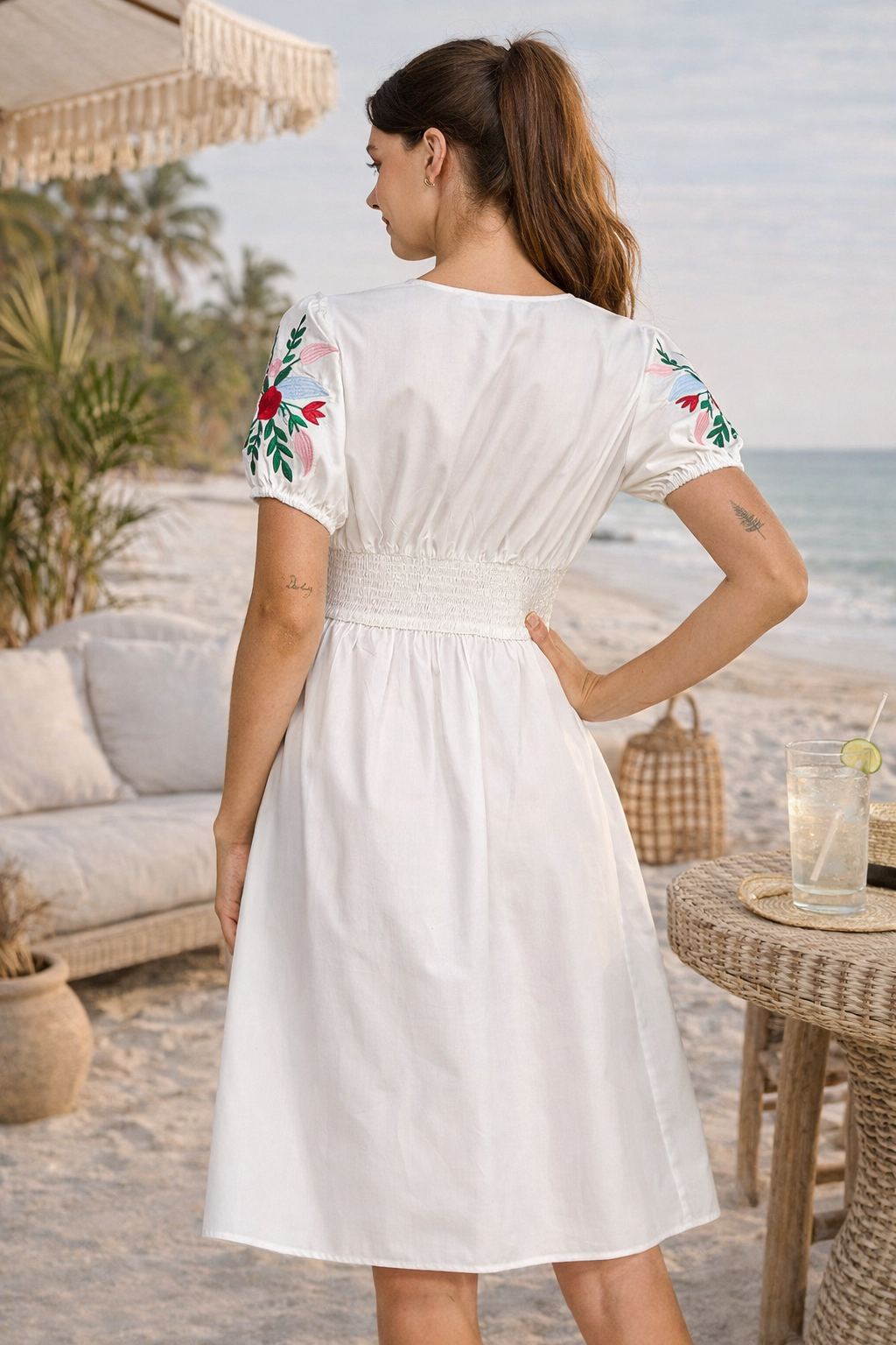 MIDI BUTTON DOWN DRESS WITH EMBROIDERED SLEEVES