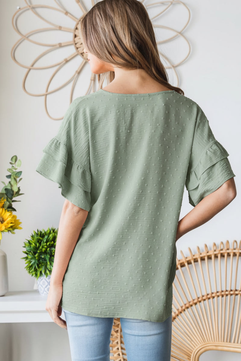 PLUS SIZE-DOUBLE RUFFLED V NECK SOLID SWISS DOT TOP