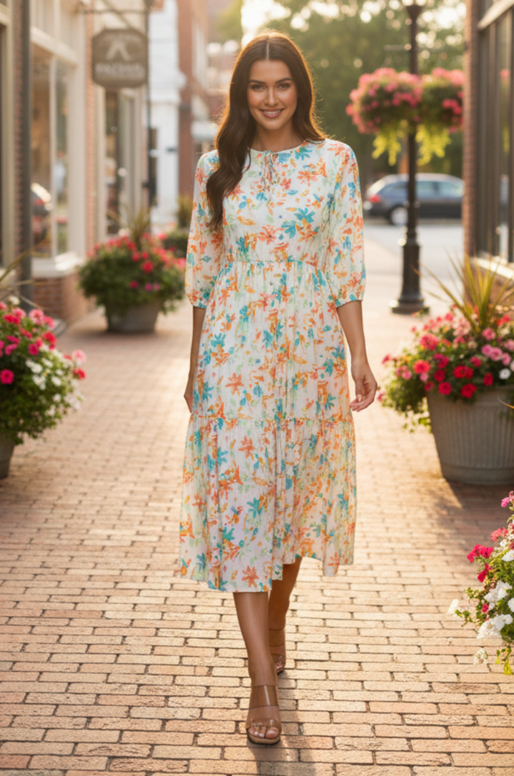 RELAXED FIT ROUND TIE NECK MIDI DRESS SHVL5994-G