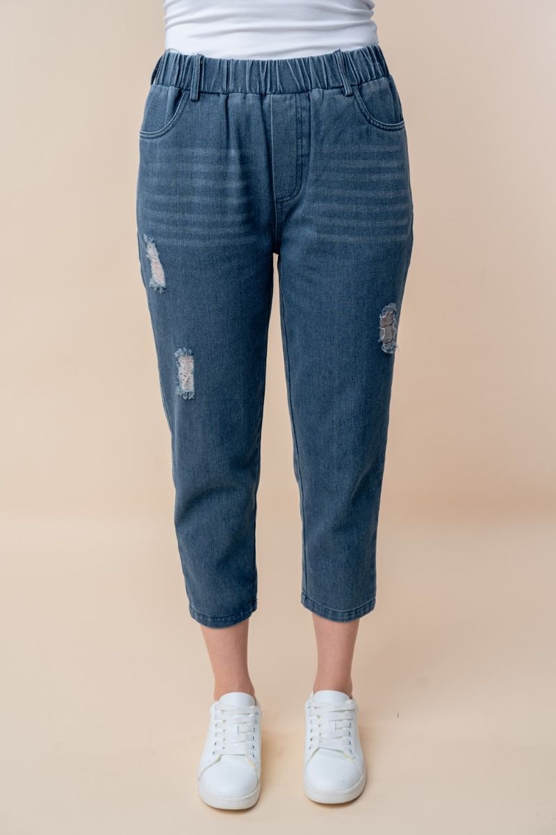 HIGH WAISTED SOLID DENIM CAPRI PANTS