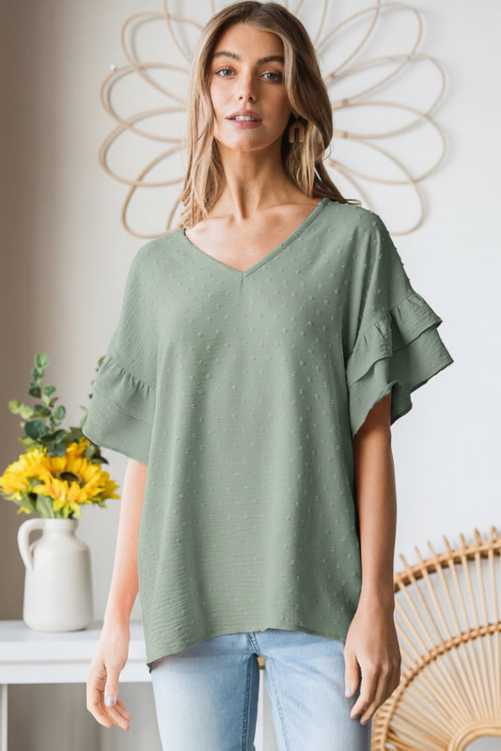 PLUS SIZE-DOUBLE RUFFLED V NECK SOLID SWISS DOT TOP