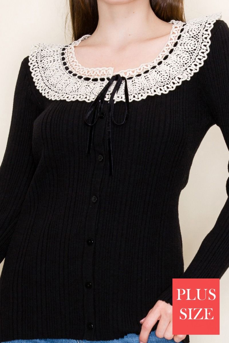 PLUS SIZE BLACK LONG SLEEVE LACE YOKE DETAIL TOP
