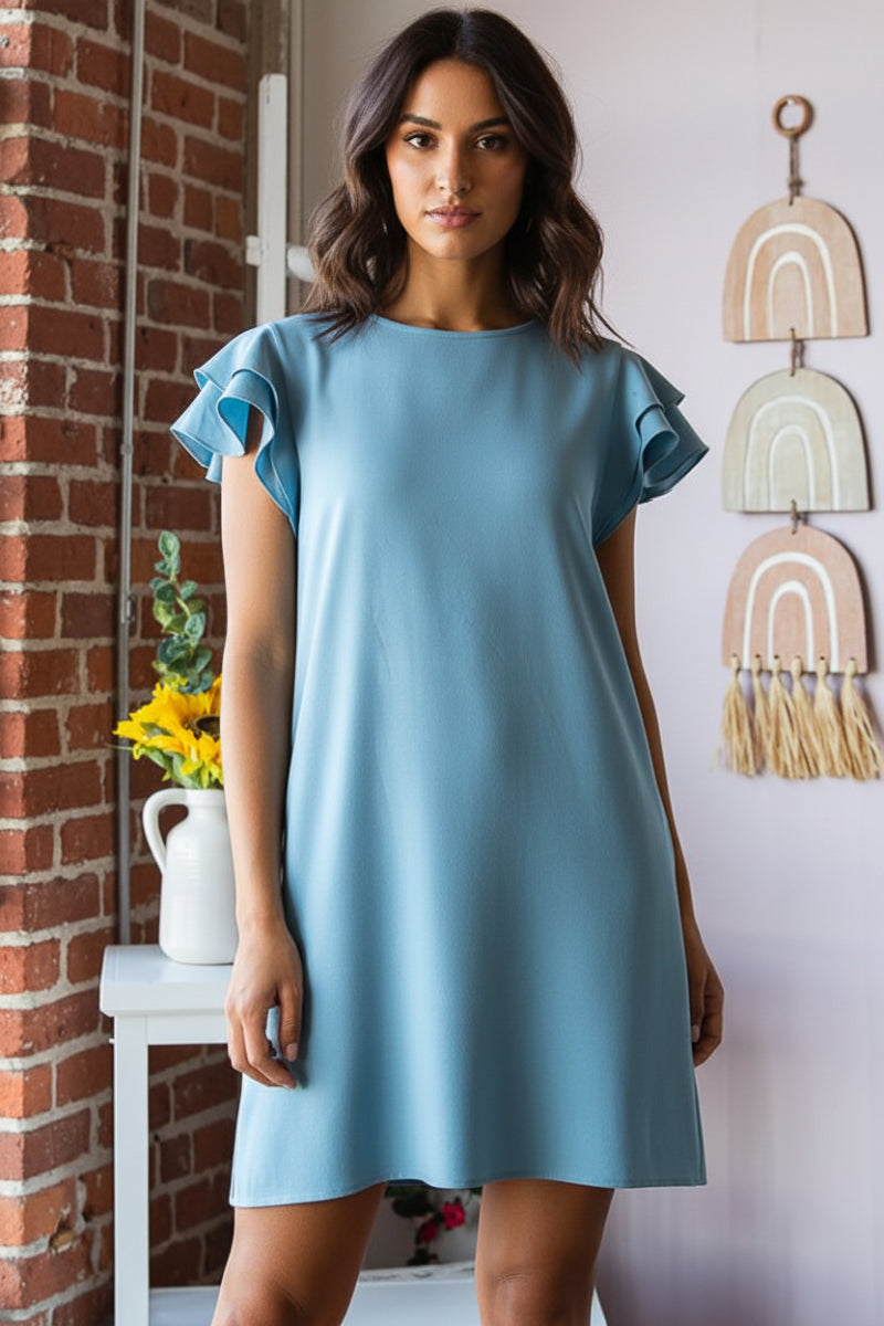 RUFFLED SHORT SLEEVE ROUND NECK SOLID MINI DRESS HMED6732-10