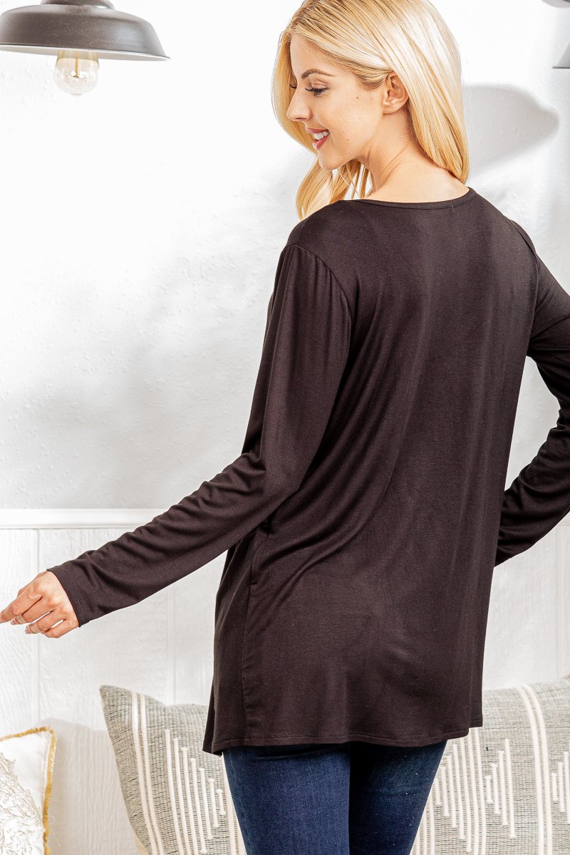 LONG SLEEVE V NECK SOLID TOP WITH SHIRRING DETAIL PLUS SIZE