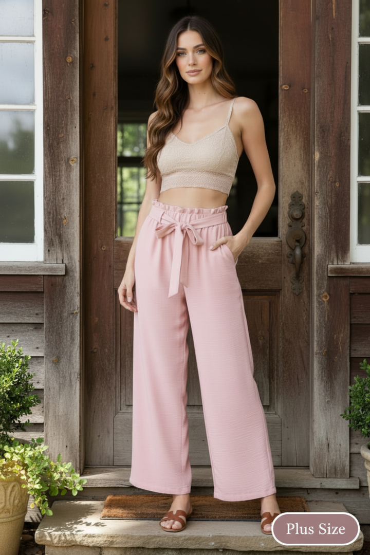PLUS SIZE SOLID CASUAL PANTS WITH PAPERBAG WAISTBAND-HMET6700