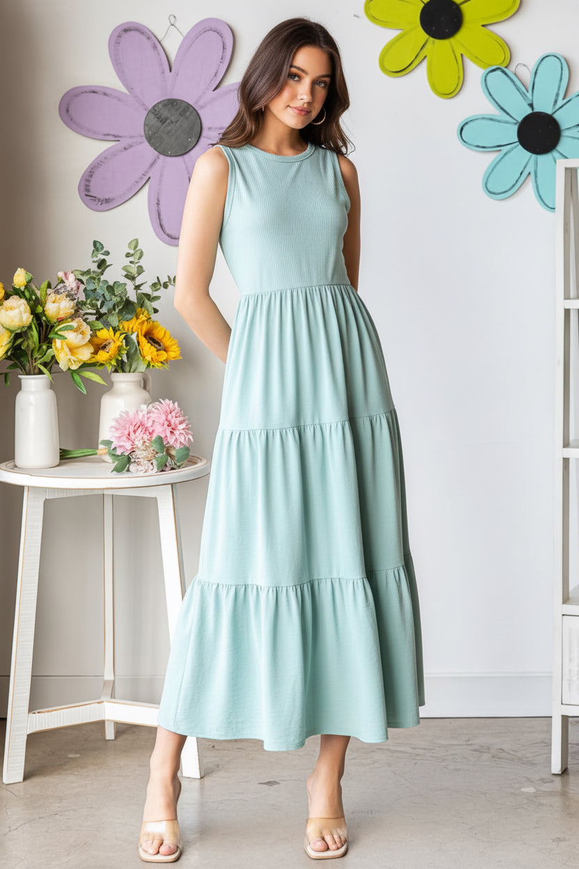 SLEEVELESS ROUND NECK TIERED MAXI DRESS HMED6825