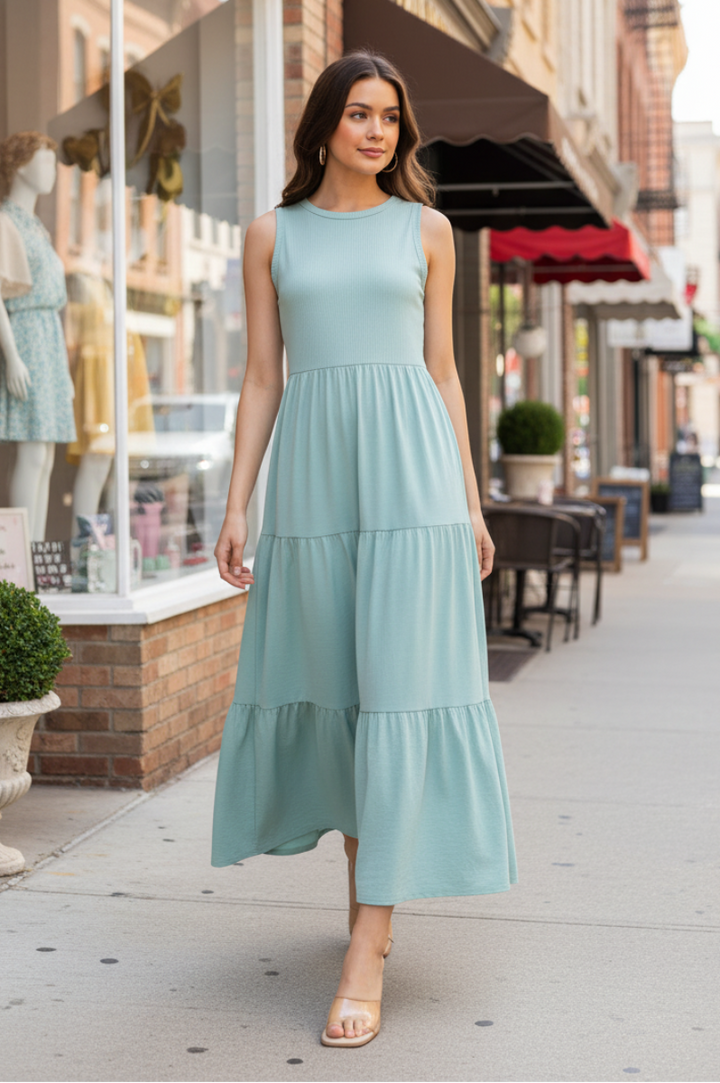 SLEEVELESS ROUND NECK TIERED MAXI DRESS HMED6825