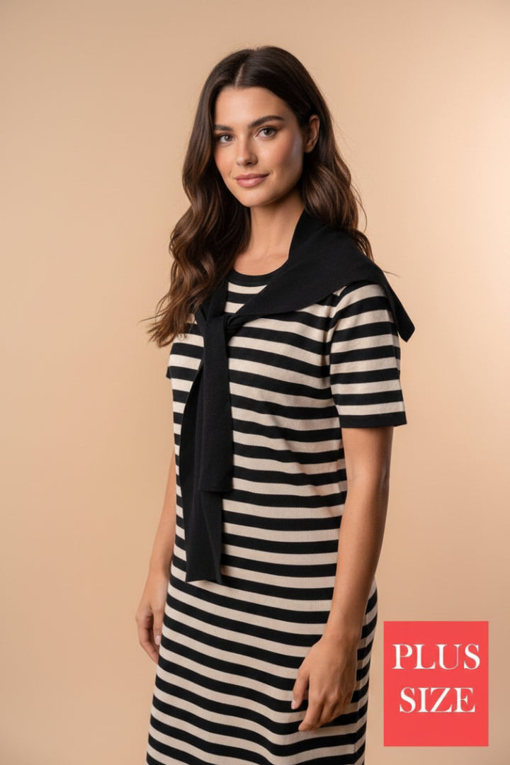 PLUS SIZE SHORT SLEEVE STRIPED MIDI DRESS WBD90685P