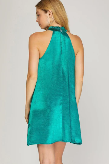 CHAMPAGNE SMOCKED MOCK NECK SATIN MINI DRESS SKSY5088