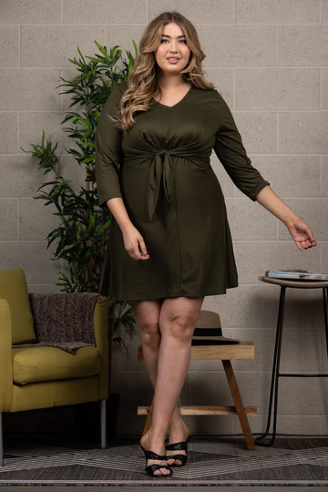 BLACK SELF-TIE FRONT LONG SLEEVES PLUS SIZE MINI DRESS D1060