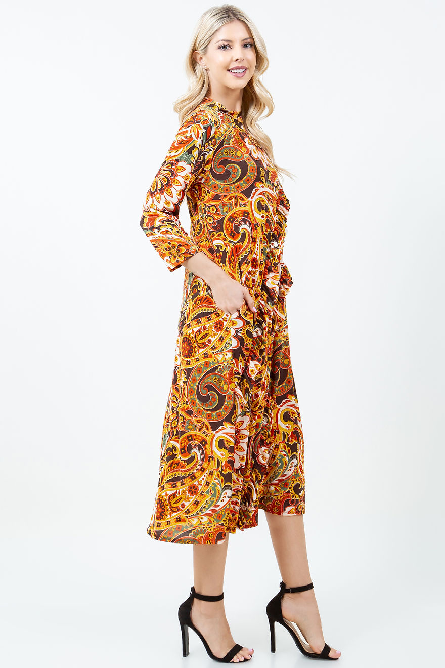 MULTI COLOR MOCK NECK MIDI DRESS W/SIDE POCKET