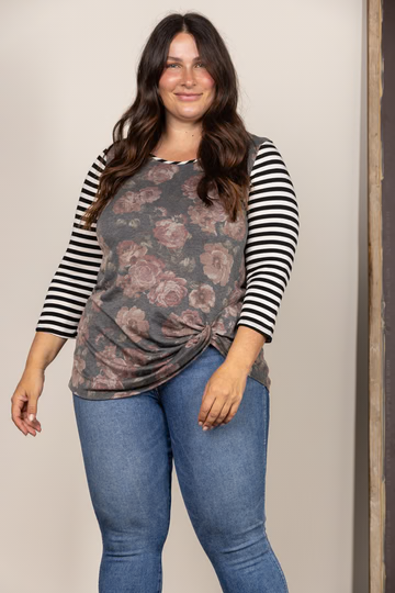 FLORAL STRIPE TWISTED HEM PLUS SIZE TOP T2324