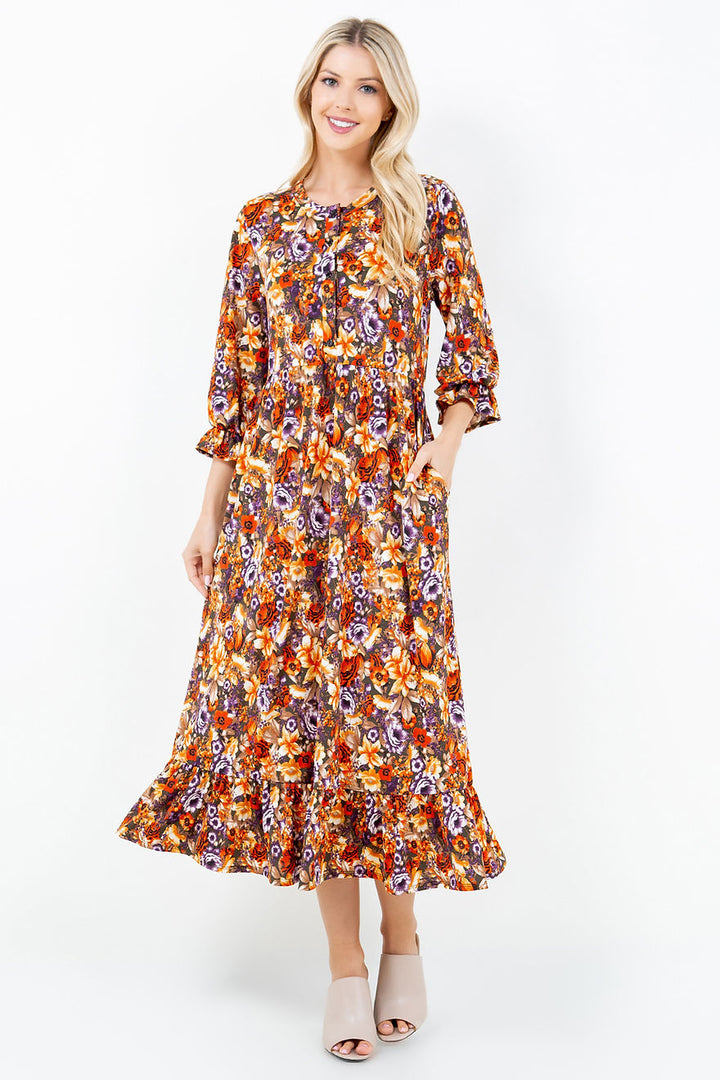 BUTTON DOWN FLARE MIDI DRESS W/ SIDE POCKTE