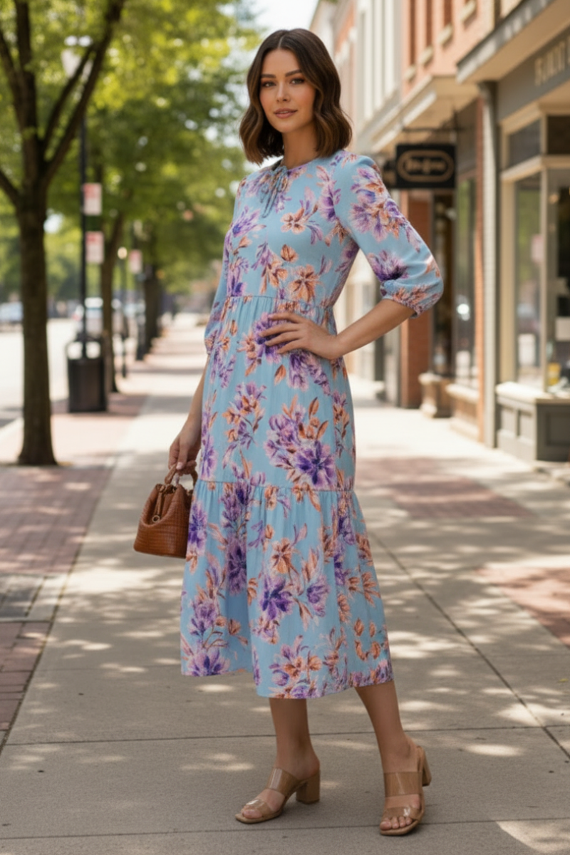 PLUS SIZE FLORAL ELASTIC CUFF 3/4 SLEEVES TIERED MIDI DRESS-SHVL6094-B
