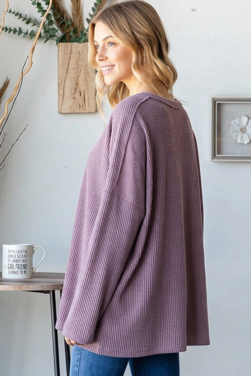 LONG SLEEVE ROUND NECK SOLID URBAN RIBBED TOP HMET7690-10