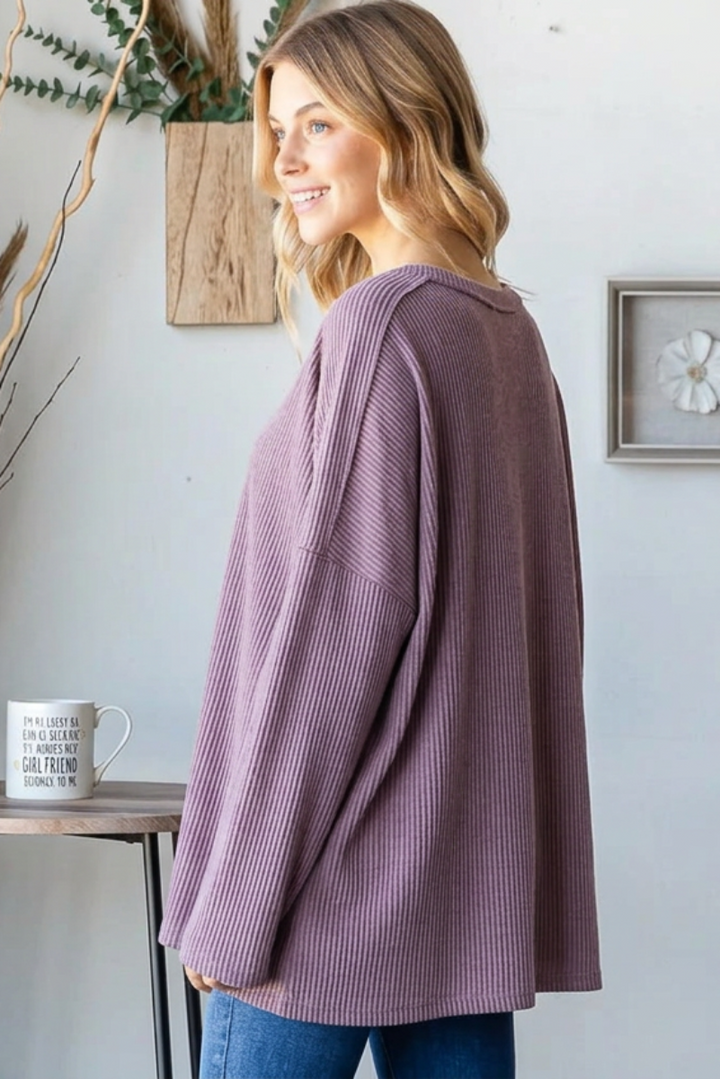LONG SLEEVE ROUND NECK SOLID URBAN RIBBED TOP HMET7690-10