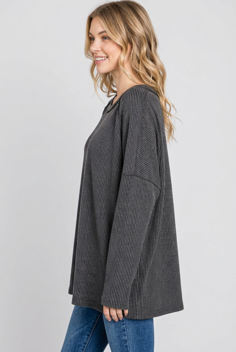 LONG SLEEVE ROUND NECK SOLID URBAN RIBBED TOP HMET7690-10
